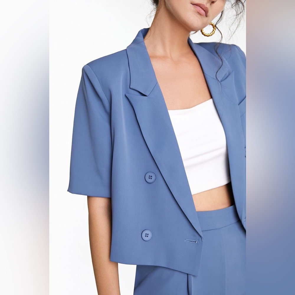 Steel Blue Double-Breasted Short Sleeve Cropped Blazer - M / SteelBlue